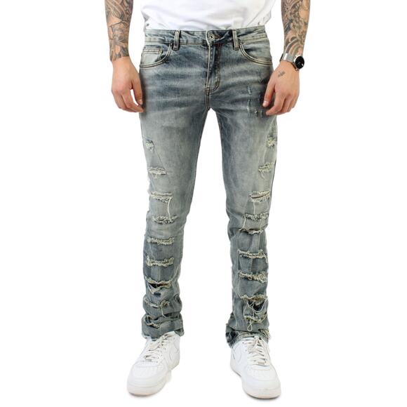 Crysp Denim Men's Fray Flare Stacked Distressed Ripped Skinny Fit Stretch Jeans